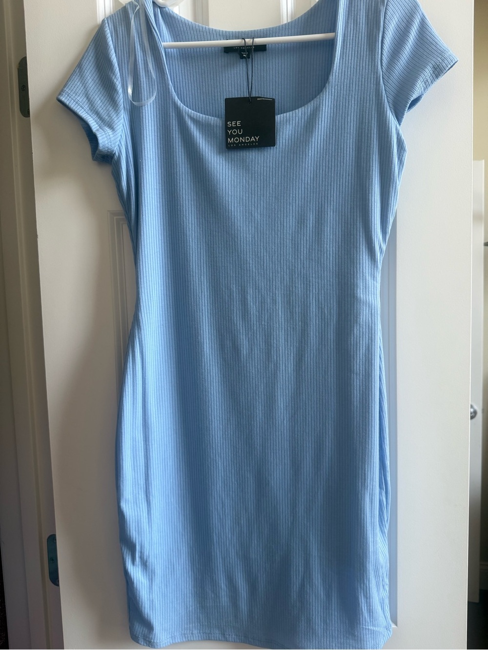 See You Monday Light Blue Ribbed Scoop Neck Bodycon Dress